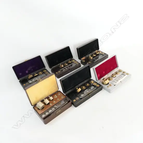 6 SETS OF CHEMICAL WEIGHTS, VARIOUSLY IN BAKELITE OR PLASTIC CASES